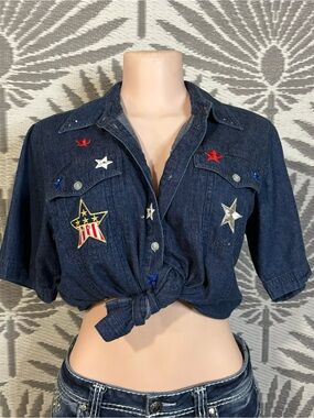 90s Patriotic Denim Button Up Shirt Star Patch Western Americana Festival Small